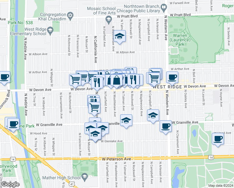 map of restaurants, bars, coffee shops, grocery stores, and more near 2653 West Devon Avenue in Chicago