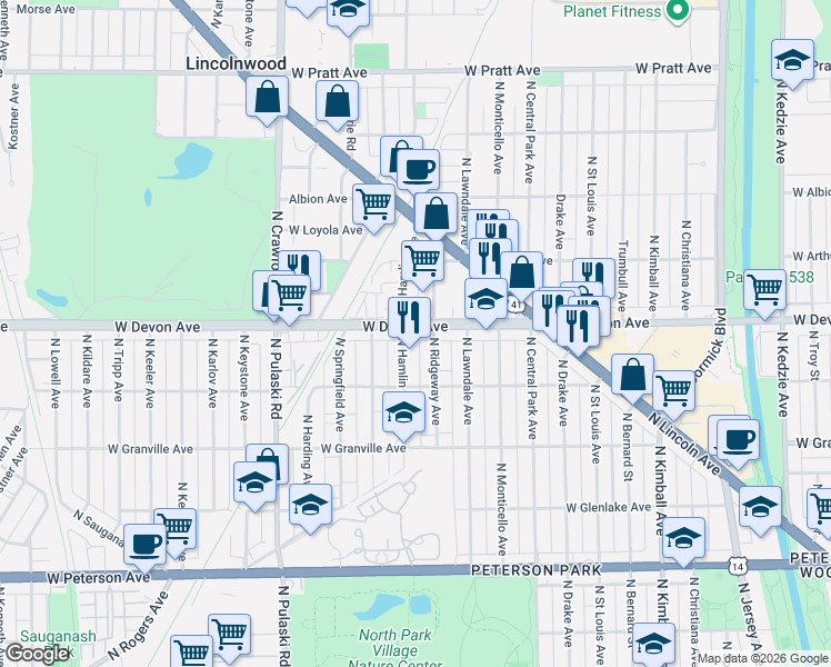 map of restaurants, bars, coffee shops, grocery stores, and more near 6348 North Ridgeway Avenue in Chicago