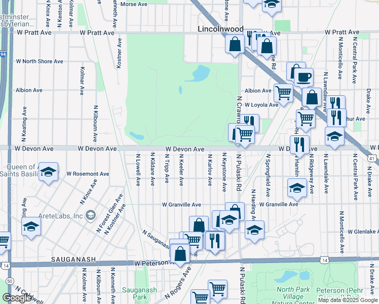 map of restaurants, bars, coffee shops, grocery stores, and more near 4155 West Devon Avenue in Chicago