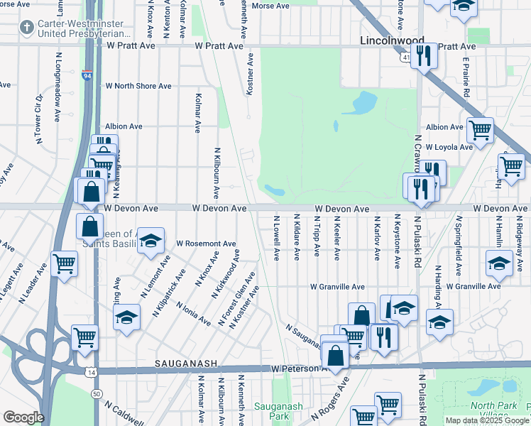 map of restaurants, bars, coffee shops, grocery stores, and more near 4347 West Devon Avenue in Chicago