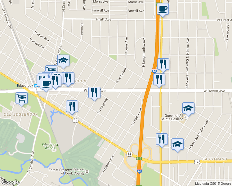 map of restaurants, bars, coffee shops, grocery stores, and more near 5045 West Devon Avenue in Chicago