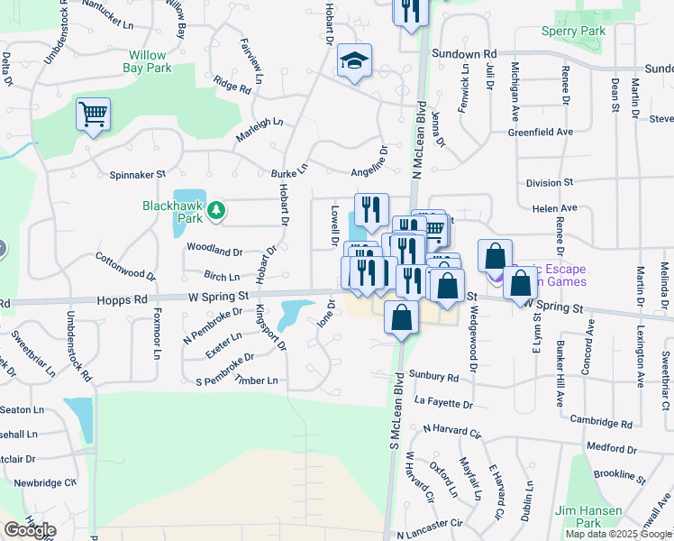 map of restaurants, bars, coffee shops, grocery stores, and more near 1300 West Spring Street in South Elgin