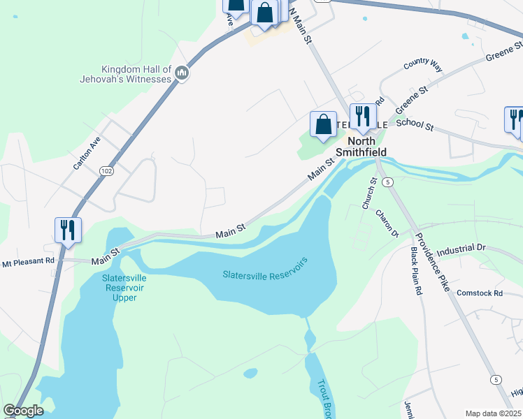 map of restaurants, bars, coffee shops, grocery stores, and more near 111 Main Street in North Smithfield