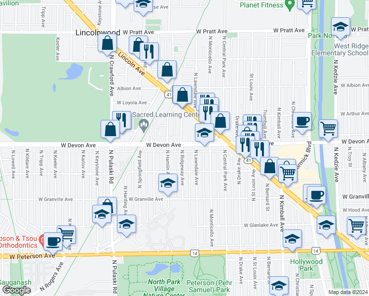 map of restaurants, bars, coffee shops, grocery stores, and more near 3723 West Devon Avenue in Chicago
