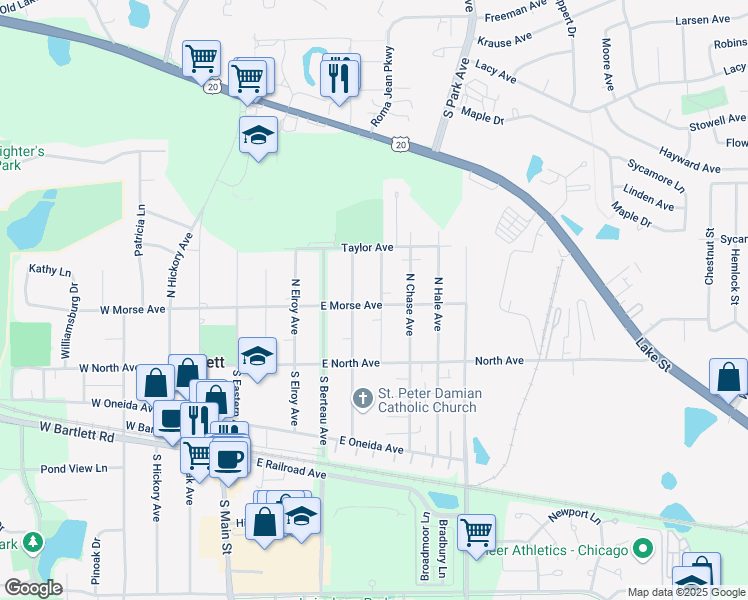 map of restaurants, bars, coffee shops, grocery stores, and more near 202 North Marion Avenue in Bartlett