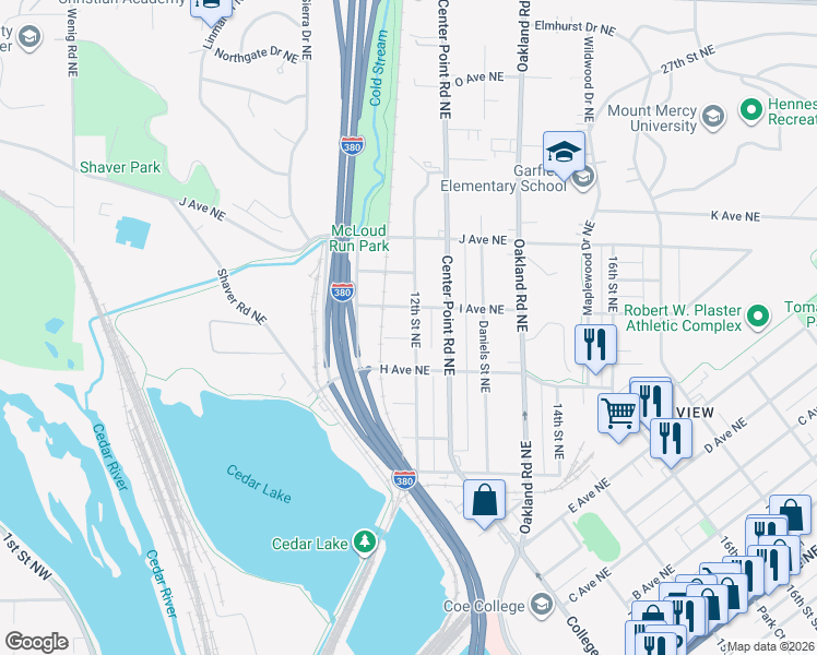 map of restaurants, bars, coffee shops, grocery stores, and more near 943 12th Street Northeast in Cedar Rapids