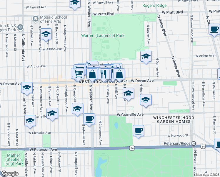 map of restaurants, bars, coffee shops, grocery stores, and more near 6333 North Oakley Avenue in Chicago