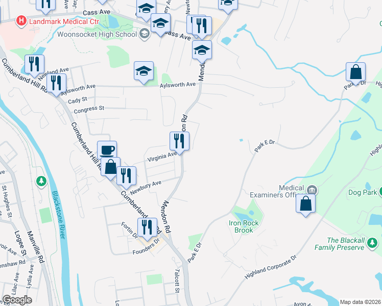 map of restaurants, bars, coffee shops, grocery stores, and more near 171 Dudley Street in Woonsocket