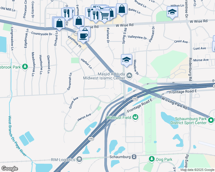 map of restaurants, bars, coffee shops, grocery stores, and more near 1523 Commodore Lane in Schaumburg