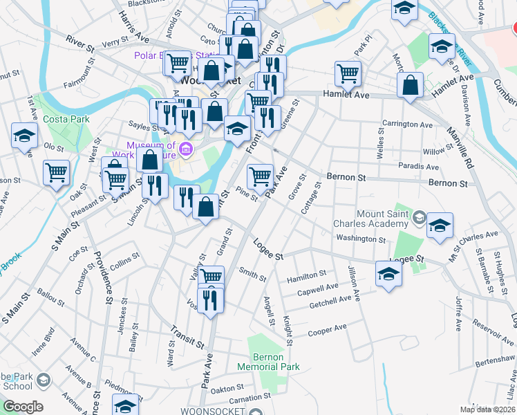 map of restaurants, bars, coffee shops, grocery stores, and more near 427 Park Avenue in Woonsocket