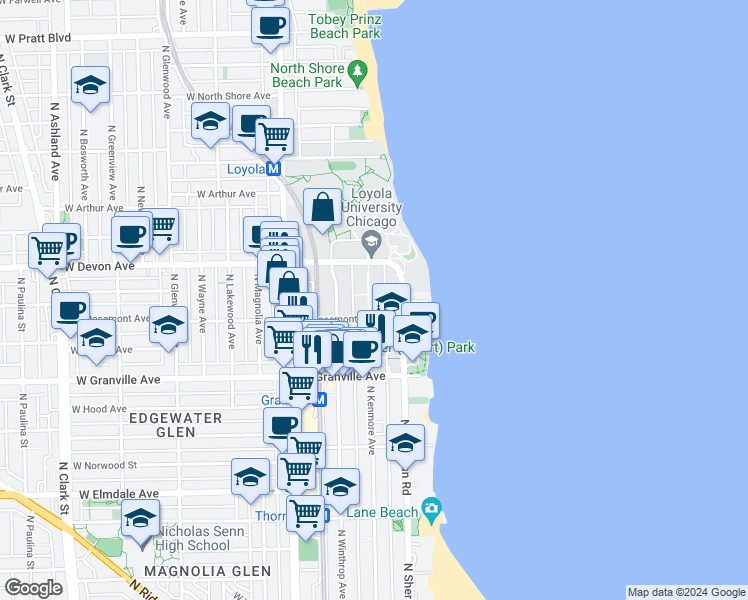map of restaurants, bars, coffee shops, grocery stores, and more near 6317 North Kenmore Avenue in Chicago