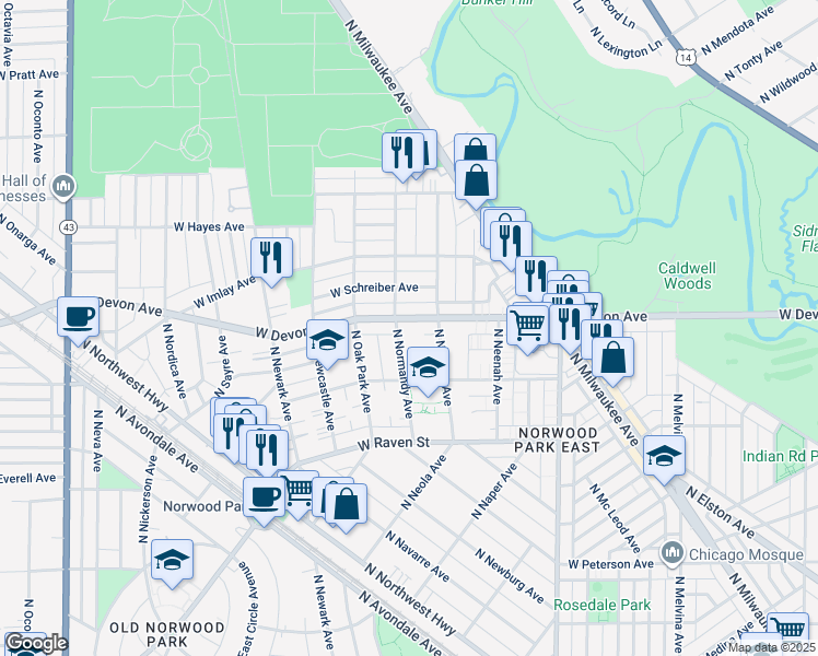map of restaurants, bars, coffee shops, grocery stores, and more near 6353 North Normandy Avenue in Chicago