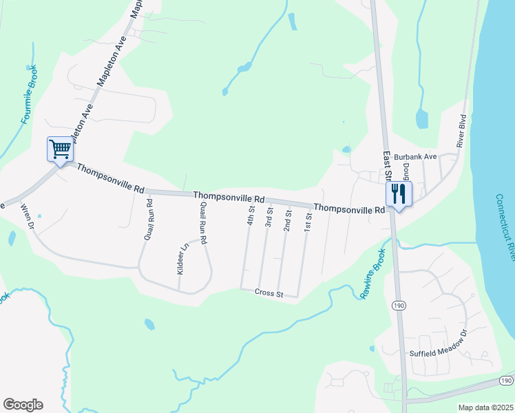map of restaurants, bars, coffee shops, grocery stores, and more near 585 Thompsonville Road in Suffield