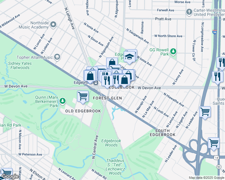 map of restaurants, bars, coffee shops, grocery stores, and more near 5363 West Devon Avenue in Chicago