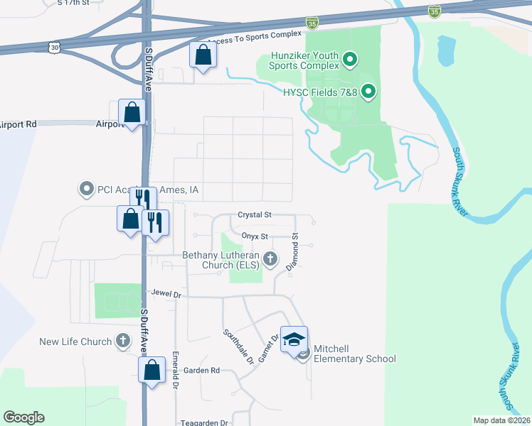 map of restaurants, bars, coffee shops, grocery stores, and more near 627 Crystal Street in Ames