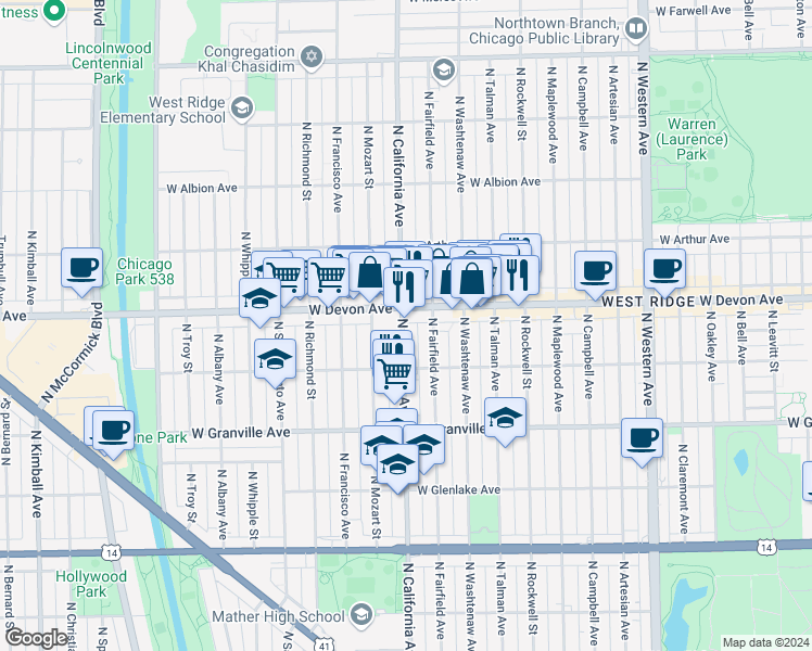 map of restaurants, bars, coffee shops, grocery stores, and more near 6345 North California Avenue in Chicago