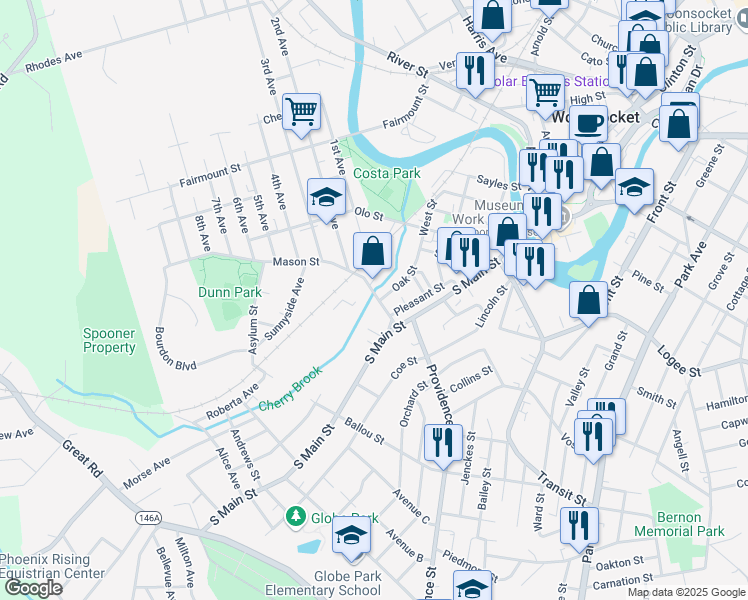 map of restaurants, bars, coffee shops, grocery stores, and more near 80 Mason St in Woonsocket