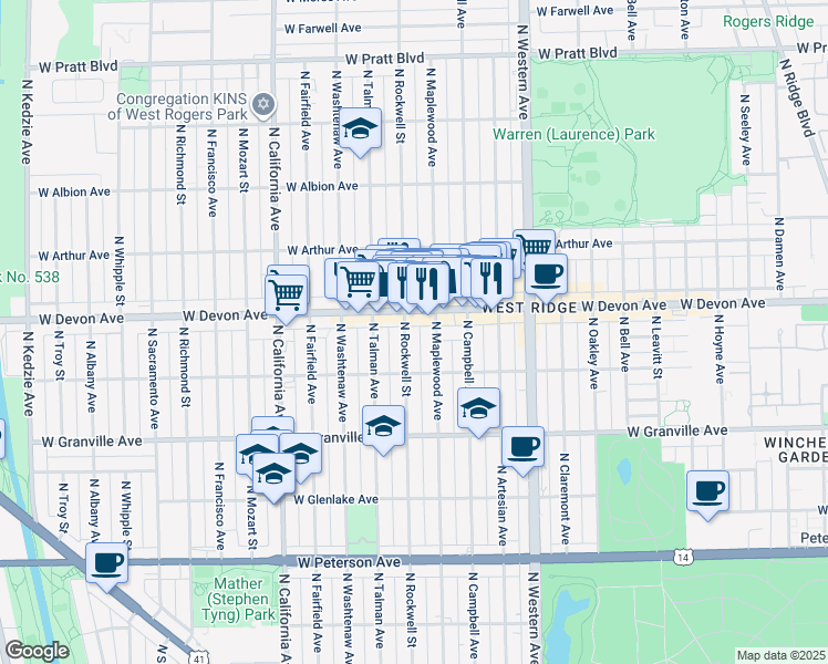 map of restaurants, bars, coffee shops, grocery stores, and more near 6341 N Rockwell St in Chicago