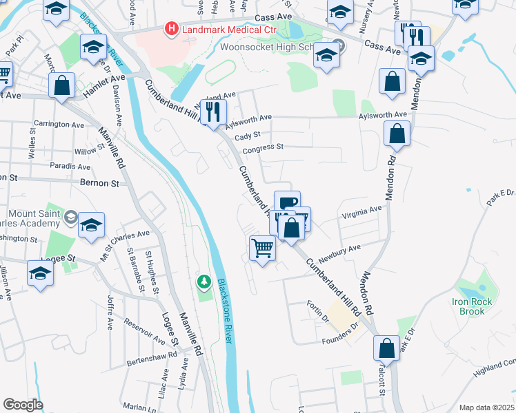 map of restaurants, bars, coffee shops, grocery stores, and more near 625 Cumberland Hill Road in Woonsocket