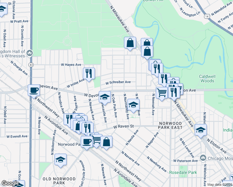 map of restaurants, bars, coffee shops, grocery stores, and more near 6671 West Devon Avenue in Chicago