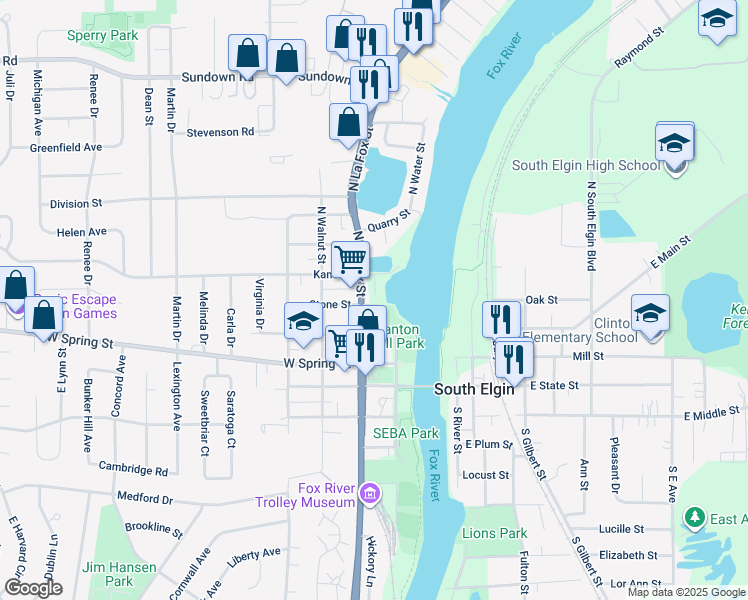 map of restaurants, bars, coffee shops, grocery stores, and more near 301 North La Fox Street in South Elgin