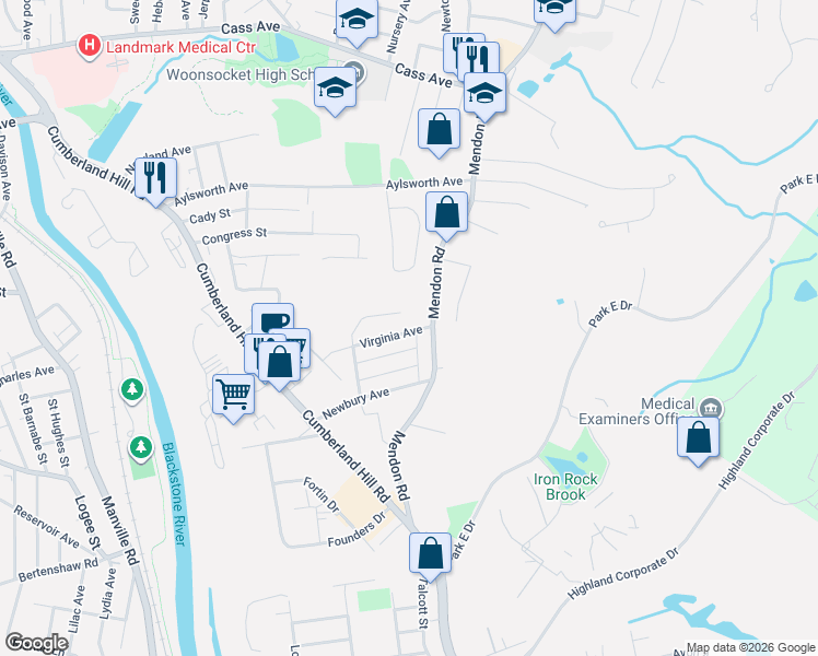map of restaurants, bars, coffee shops, grocery stores, and more near 26 Virginia Avenue in Woonsocket