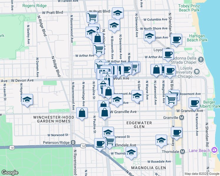 map of restaurants, bars, coffee shops, grocery stores, and more near 1533 West Highland Avenue in Chicago