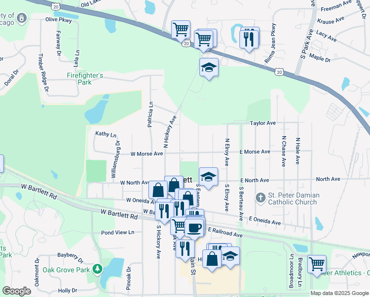 map of restaurants, bars, coffee shops, grocery stores, and more near 203 North Oak Avenue in Bartlett