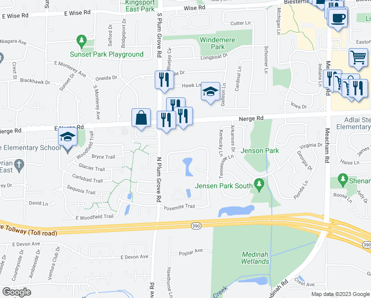 map of restaurants, bars, coffee shops, grocery stores, and more near 906 Cross Creek Drive North in Roselle