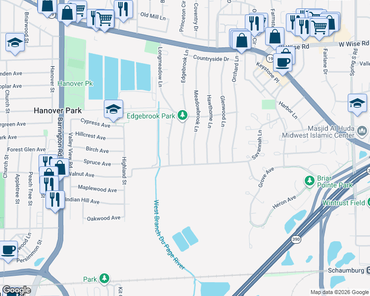 map of restaurants, bars, coffee shops, grocery stores, and more near 6867 Edgebrook Lane in Hanover Park