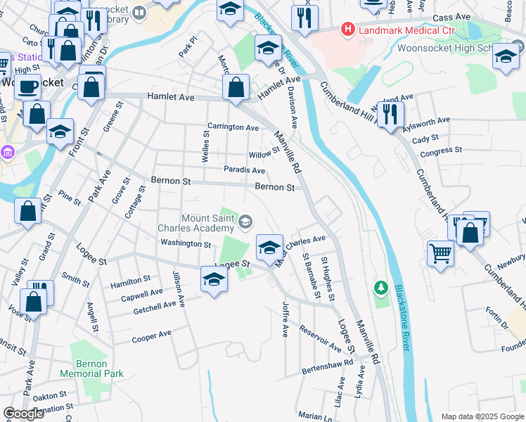 map of restaurants, bars, coffee shops, grocery stores, and more near 901 Bernon Street in Woonsocket