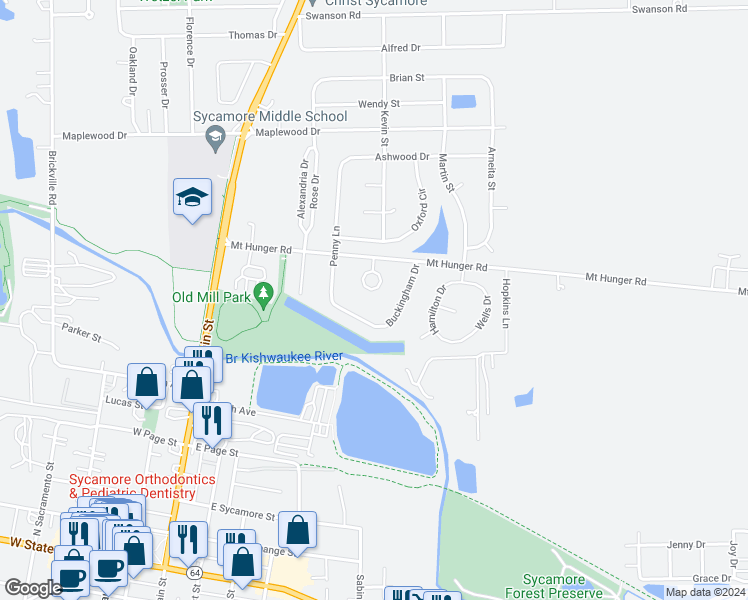 map of restaurants, bars, coffee shops, grocery stores, and more near 927 Arvle Circle in Sycamore