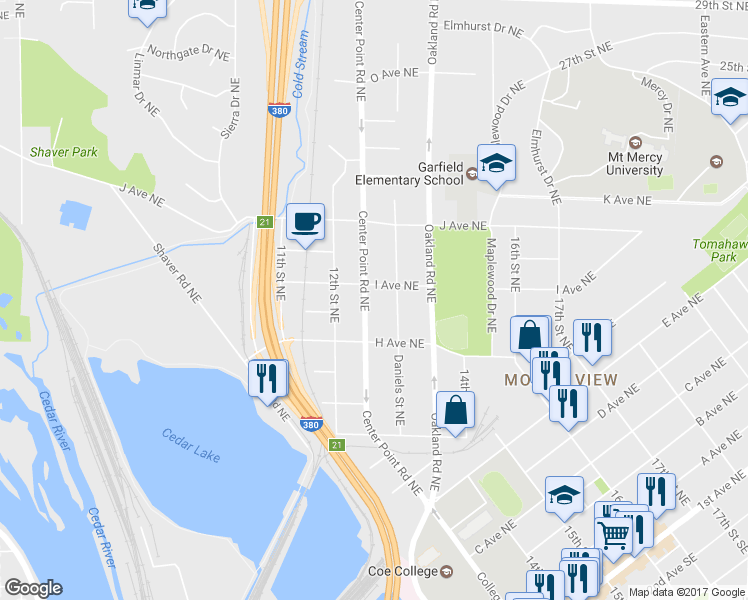 map of restaurants, bars, coffee shops, grocery stores, and more near 946 Center Point Road Northeast in Cedar Rapids