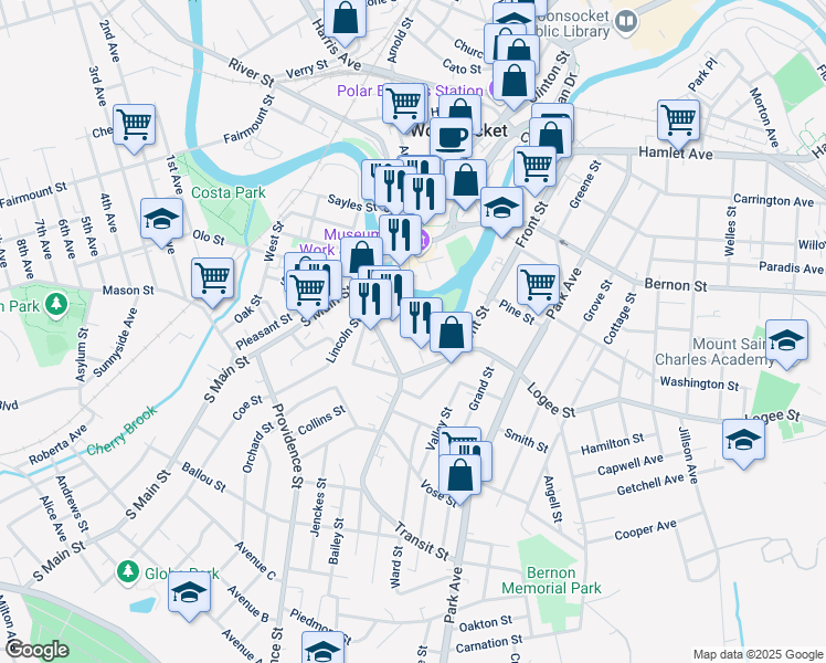map of restaurants, bars, coffee shops, grocery stores, and more near 719-727 Front Street in Woonsocket