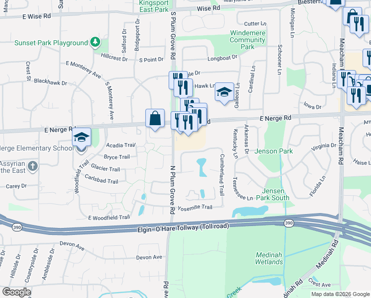 map of restaurants, bars, coffee shops, grocery stores, and more near 876 Cross Creek Drive North in Roselle