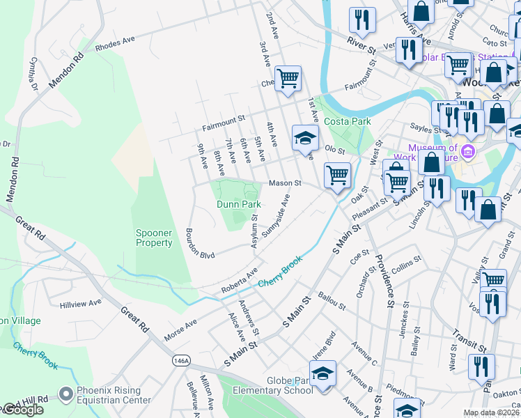 map of restaurants, bars, coffee shops, grocery stores, and more near 84 Asylum St in Woonsocket