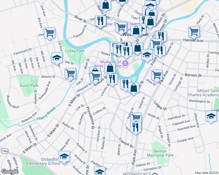 map of restaurants, bars, coffee shops, grocery stores, and more near 9 New Street in Woonsocket