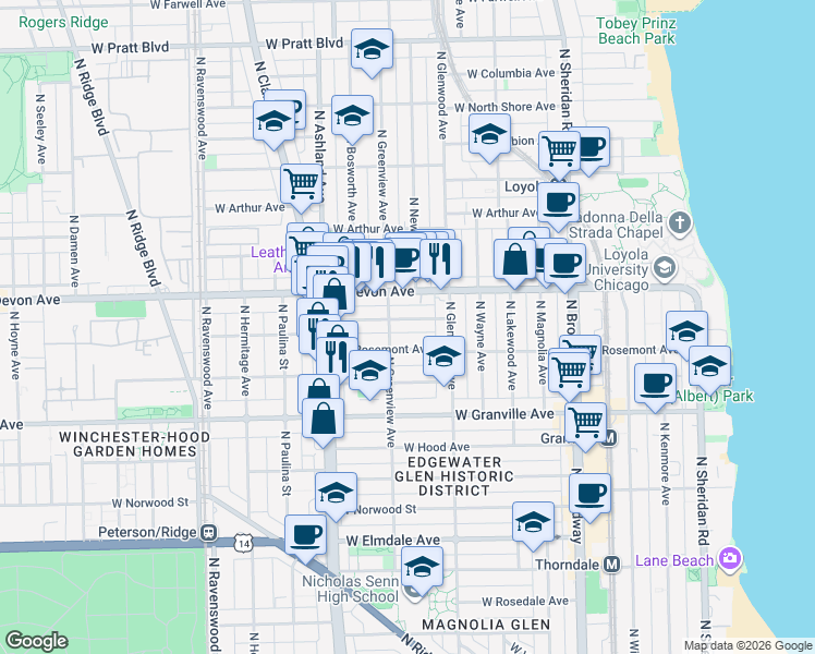 map of restaurants, bars, coffee shops, grocery stores, and more near 1455 West Highland Avenue in Chicago