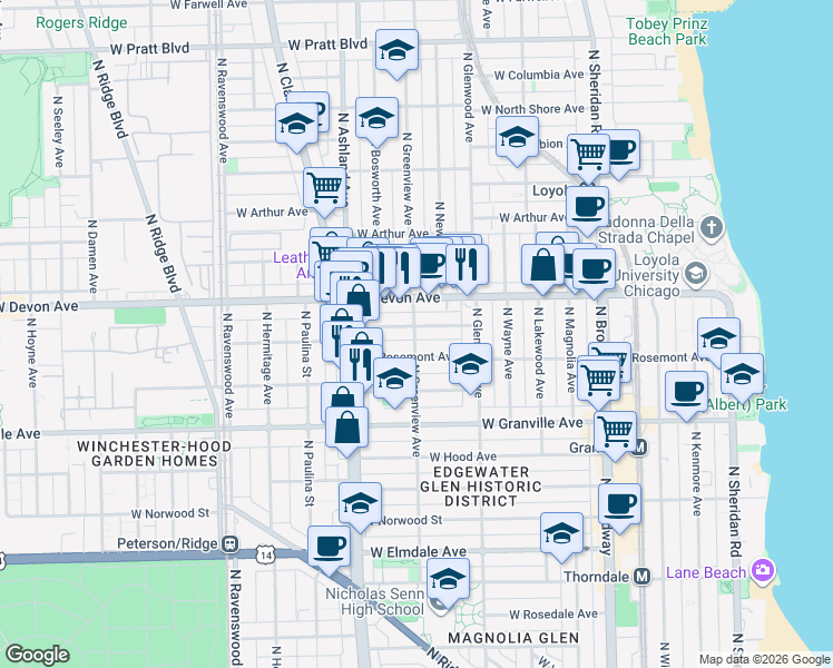 map of restaurants, bars, coffee shops, grocery stores, and more near 1455 West Highland Avenue in Chicago