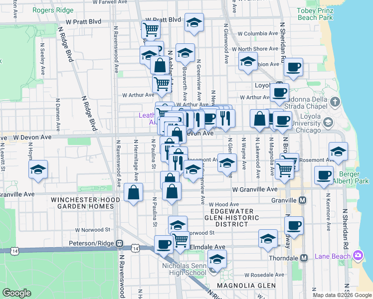map of restaurants, bars, coffee shops, grocery stores, and more near 1531 West Highland Avenue in Chicago