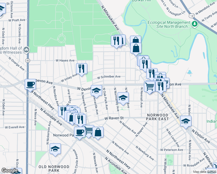 map of restaurants, bars, coffee shops, grocery stores, and more near 6671 West Devon Avenue in Chicago