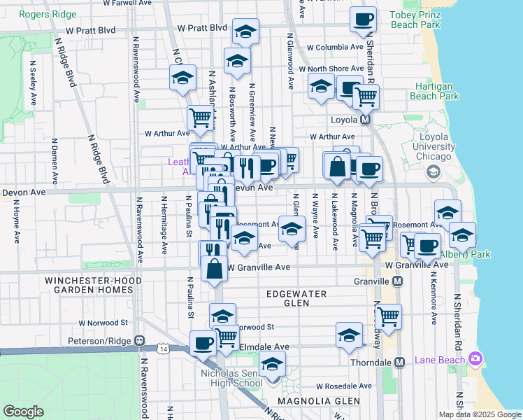 map of restaurants, bars, coffee shops, grocery stores, and more near 1455 West Highland Avenue in Chicago