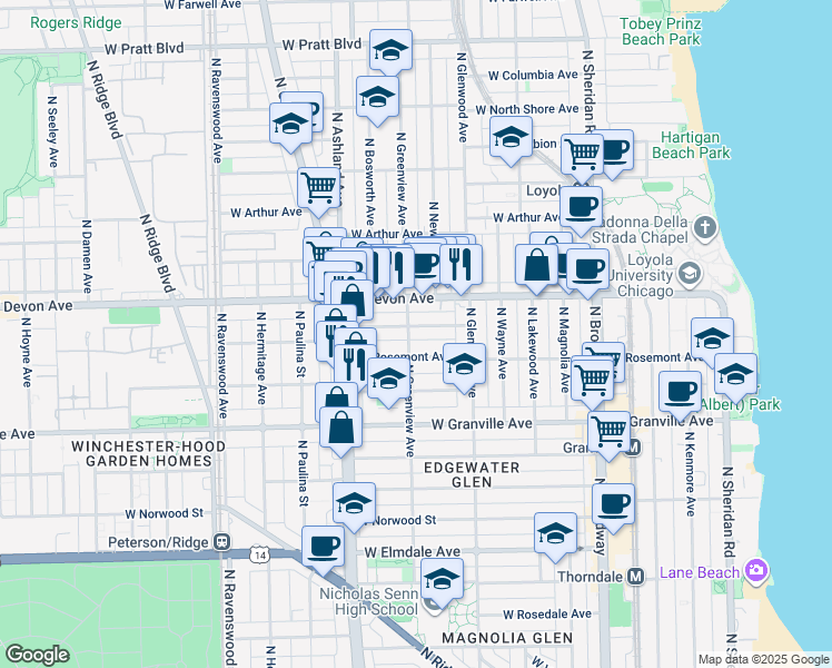 map of restaurants, bars, coffee shops, grocery stores, and more near 1455 West Highland Avenue in Chicago