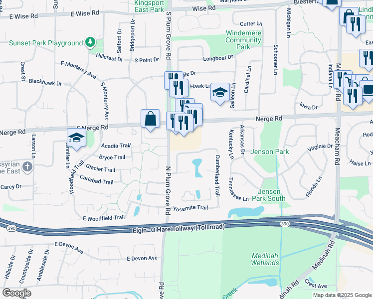 map of restaurants, bars, coffee shops, grocery stores, and more near 876 Cross Creek Drive North in Roselle