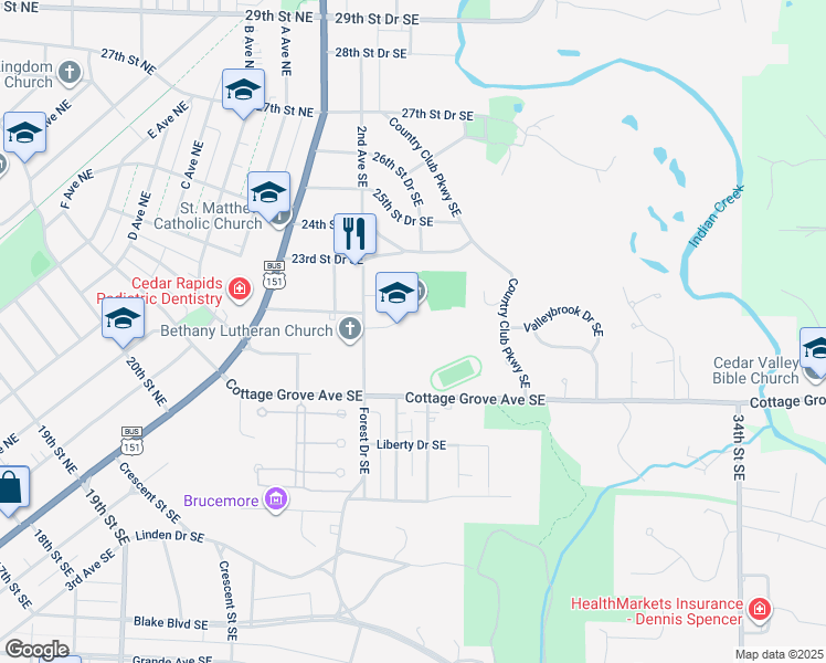 map of restaurants, bars, coffee shops, grocery stores, and more near 2205 Forest Drive Southeast in Cedar Rapids