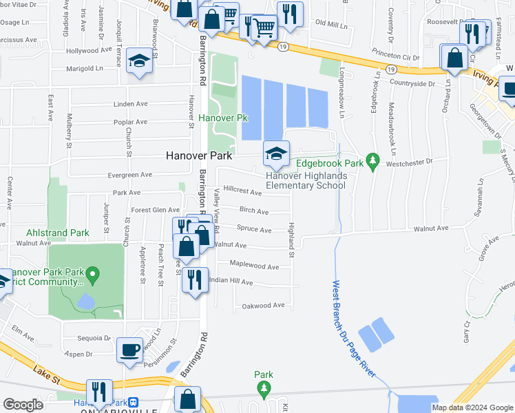 map of restaurants, bars, coffee shops, grocery stores, and more near 1471 Birch Avenue in Hanover Park