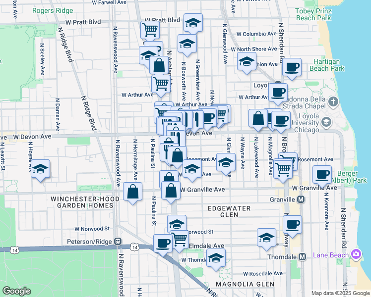 map of restaurants, bars, coffee shops, grocery stores, and more near 1533 West Highland Avenue in Chicago