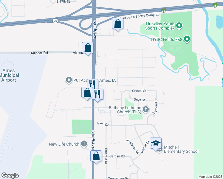map of restaurants, bars, coffee shops, grocery stores, and more near 305 Topaz Court in Ames