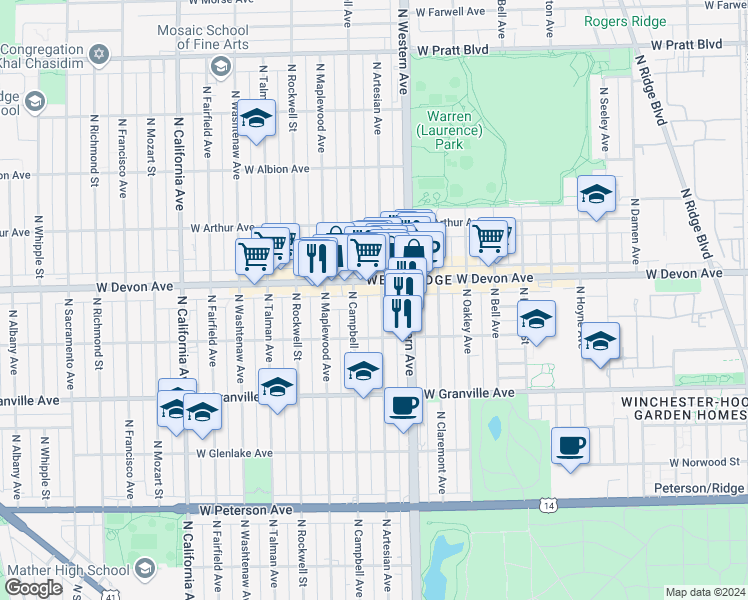 map of restaurants, bars, coffee shops, grocery stores, and more near 6340 North Artesian Avenue in Chicago