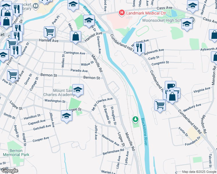 map of restaurants, bars, coffee shops, grocery stores, and more near 494 Manville Road in Woonsocket